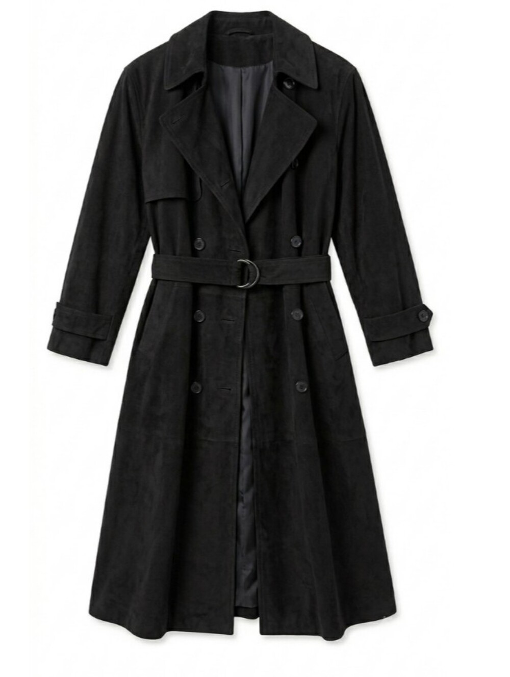 Women suede Trench Coat Black double-breasted Waist belt Quiet Luxury Elegant